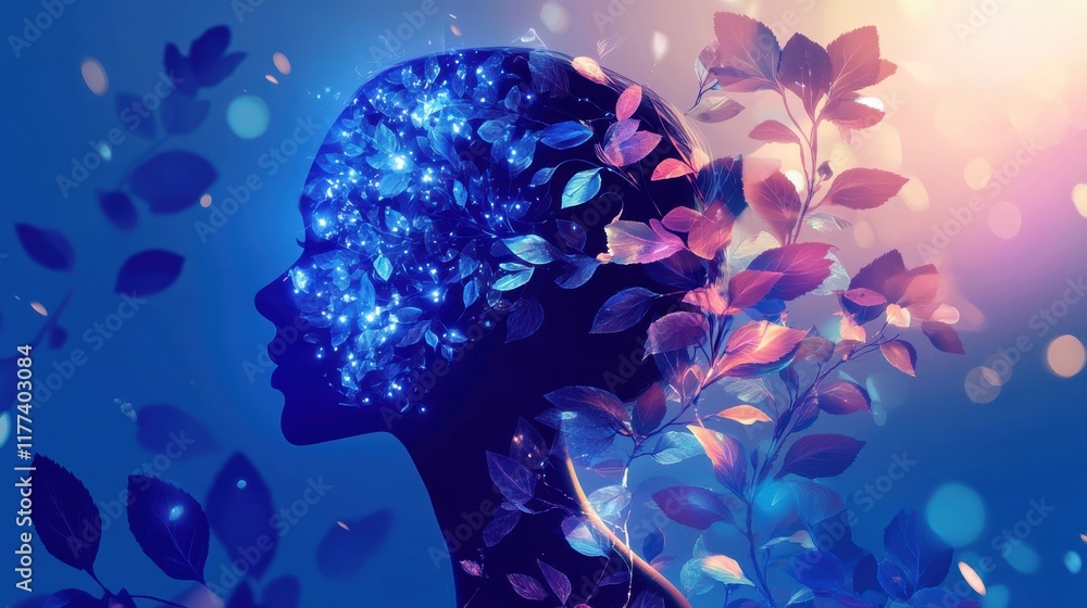 Poster Portrait of a woman emanating serenity with glowing leaves in a mystical atmosphere during twilight