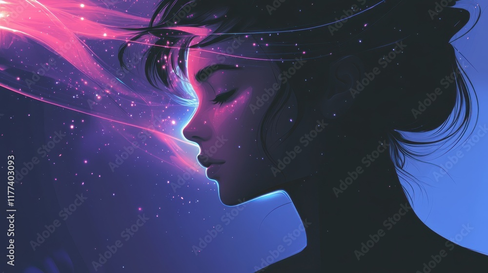 Aufkleber woman with a serene expression surrounded by a cosmic glow in a dreamy evening setting
