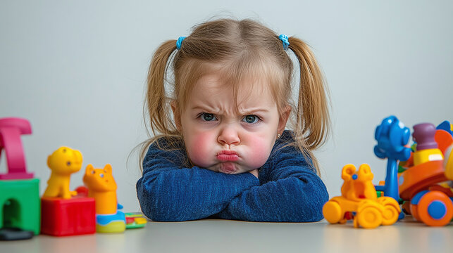 A pouting little girl, swinging her legs from a table, surrounded by toys but appearing uninterested, plain white background