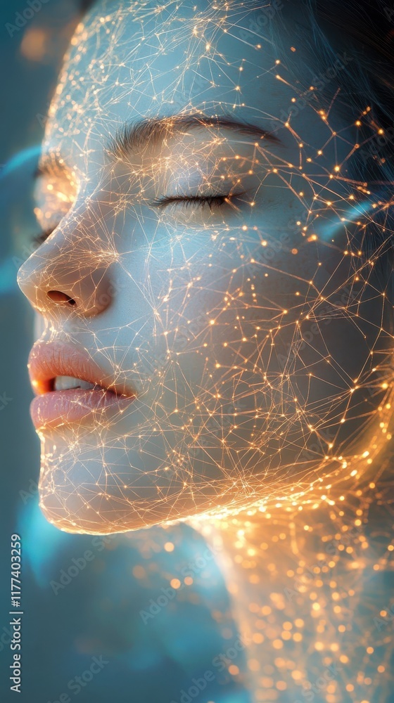 Poster Serene expression of a woman’s face illuminated by soft glowing connections in a tranquil setting