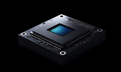 Fototapeta premium Close-up of a black square computer chip on a circuit board, isolated on black background.