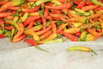 Pile of various chilies sold in Indonesian traditional wet market. 