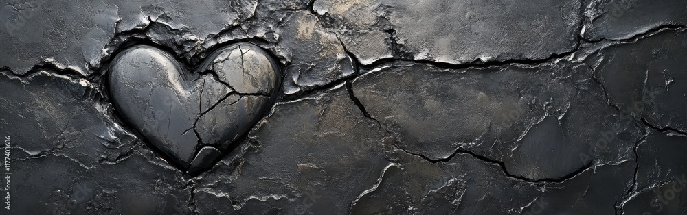 Poster heart-shaped crack in rugged charcoal concrete surface captures viewer's attention in urban setting