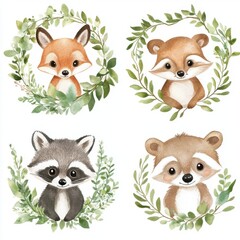 Obraz premium 4 Cute Woodland Animals in Watercolor Wreath Arrangement on White Background. Clip Art Style with Pastel Colors.