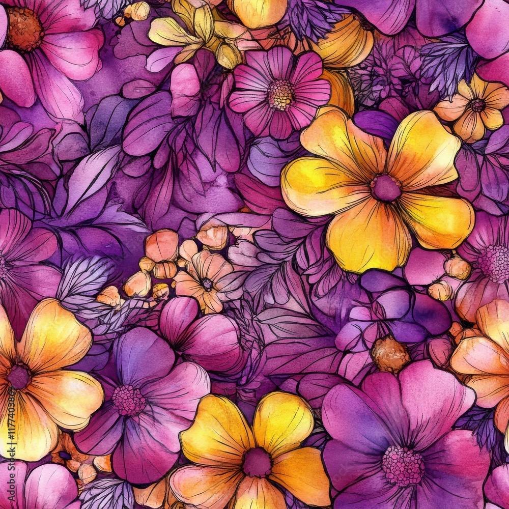 Poster vibrant watercolor doodle of colorful flowers creating a joyful and lively atmosphere in a whimsical