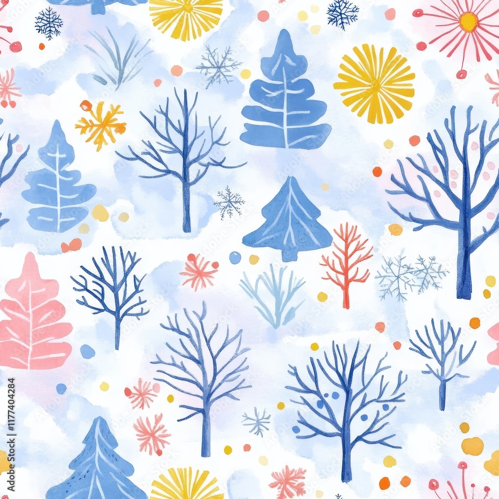 Poster colorful doodles of whimsical trees and bright patterns create a playful winter landscape in waterco