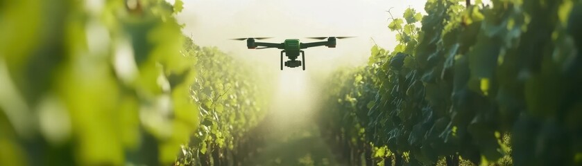 Drone Releasing Liquid Mist Over Vineyard Showcasing Precision Spraying Technology for Sustainable Farming