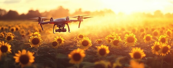 Advanced Drone Spraying Sunflowers in Scenic Sunset Field