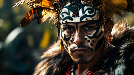 Aztec jaguar warrior in feathered armor with an intense and fearless gaze, symbolizing power and honor, ideal for historical campaigns or cultural visuals