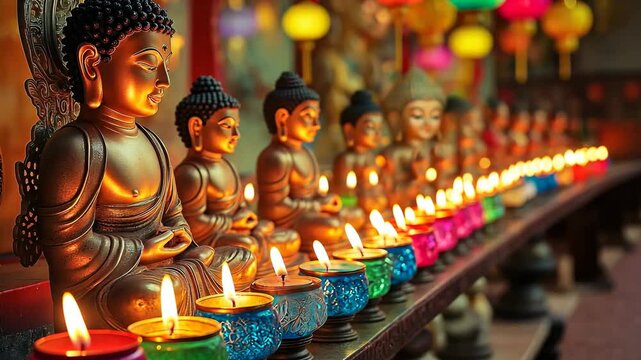 Row of Buddha Statues Illuminated by Candles