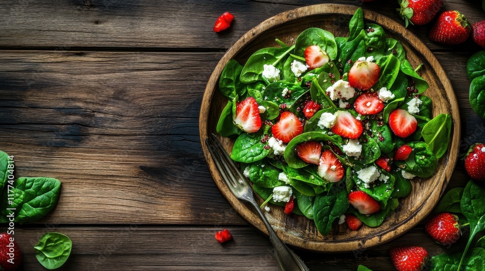 Poster nourishing spring salad featuring spinach and quinoa with fresh strawberries garnished on a rustic w