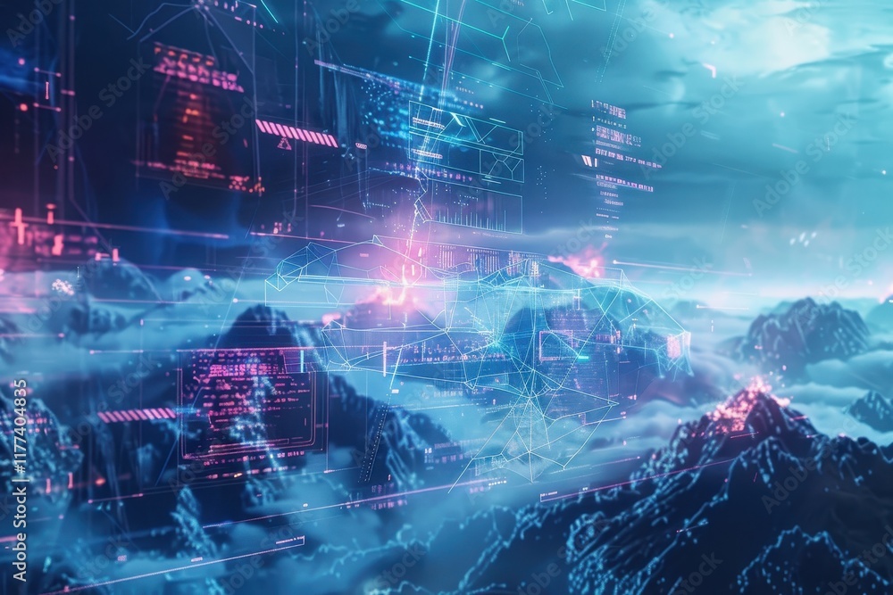 Poster abstract digital landscape with glowing lines and data
