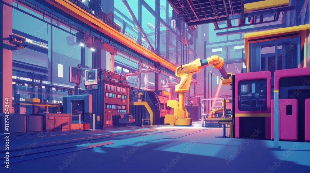Poster a vibrant industrial scene featuring robotic arms and machinery in a modern factory setting.