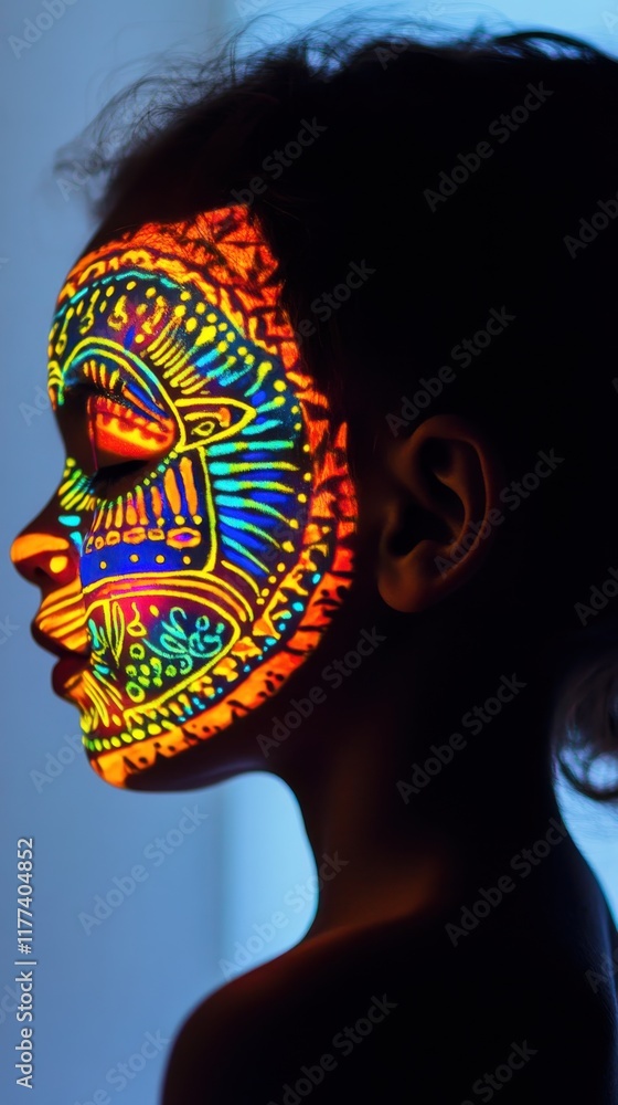 Aufkleber mystical glowing child with vibrant face art in an enchanting indoor setting during dusk
