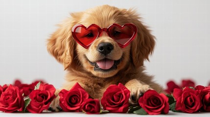 "Adorable golden retriever puppy with heart-shaped glasses and a rose – the perfect symbol of Valentine's lov