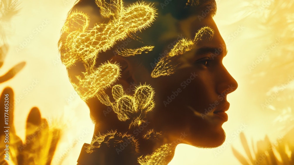 Poster mans profile illuminated with a mystical cactus landscape revealing inner reflections and nature's c