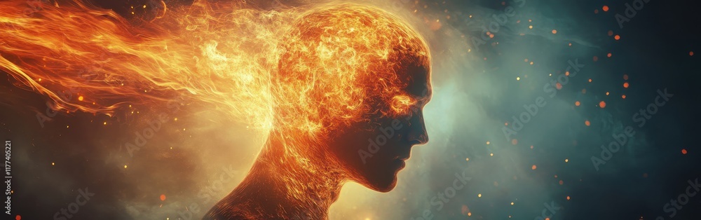 Poster mysterious profile of a man engulfed in flames depicting transformation and energy