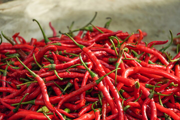 Pile of various chilies sold in Indonesian traditional wet market. 