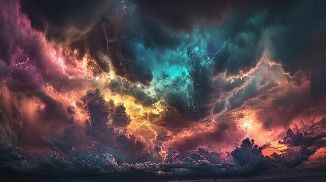A dramatic stormy sky where dark clouds are interspersed with bursts of bright colors--turquoise, fuchsia, and gold--illuminated by flashes of lightning.