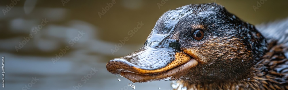 Poster Close-up view of a platypus showcasing its unique features in natural habitat