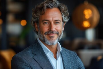 Fototapeta premium cheerful professional middle-aged male executive in modern office setting using smartphone with confident expression, business portrait photography