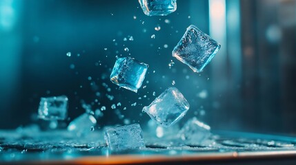 Falling Ice Cubes Splashing in Blue Water