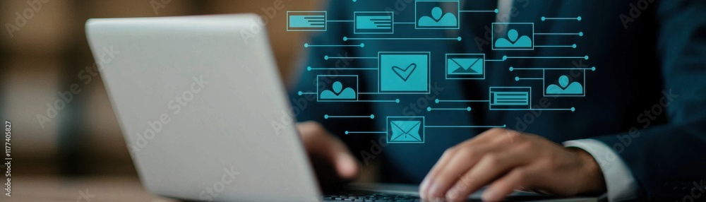 Poster a person working on a laptop, surrounded by digital data and analytics, showcasing a professional an