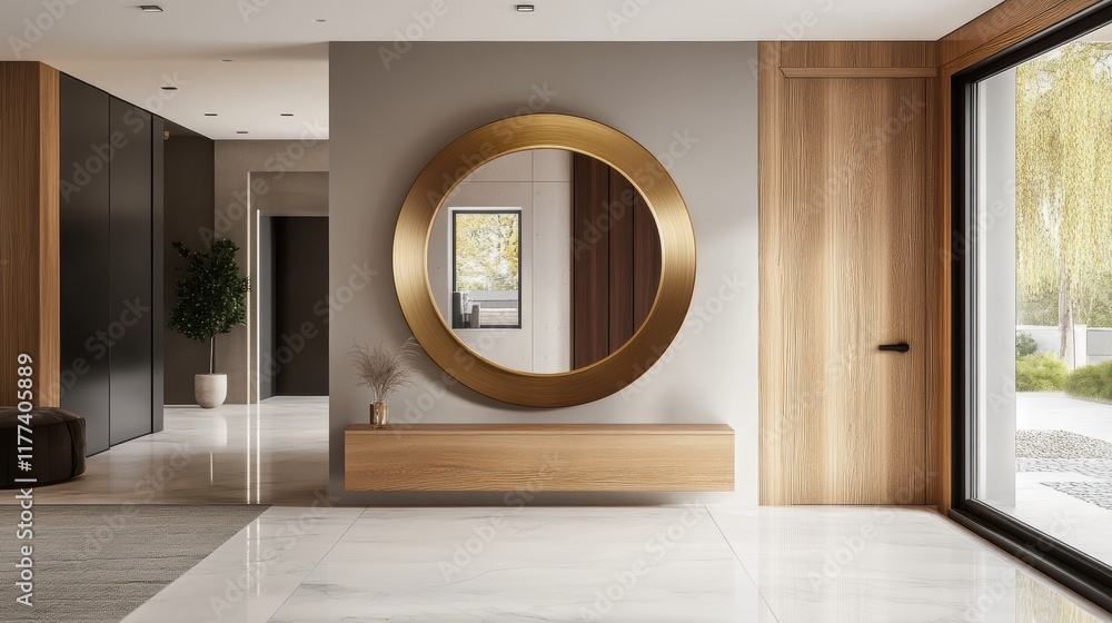 Poster hallway featuring a large circular mirror framed with a stylish console table and modern decor eleme