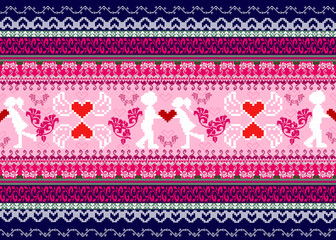 Valentine's Day Pixel Fabric, Abstract Geometric Patterns, Pink, Blue