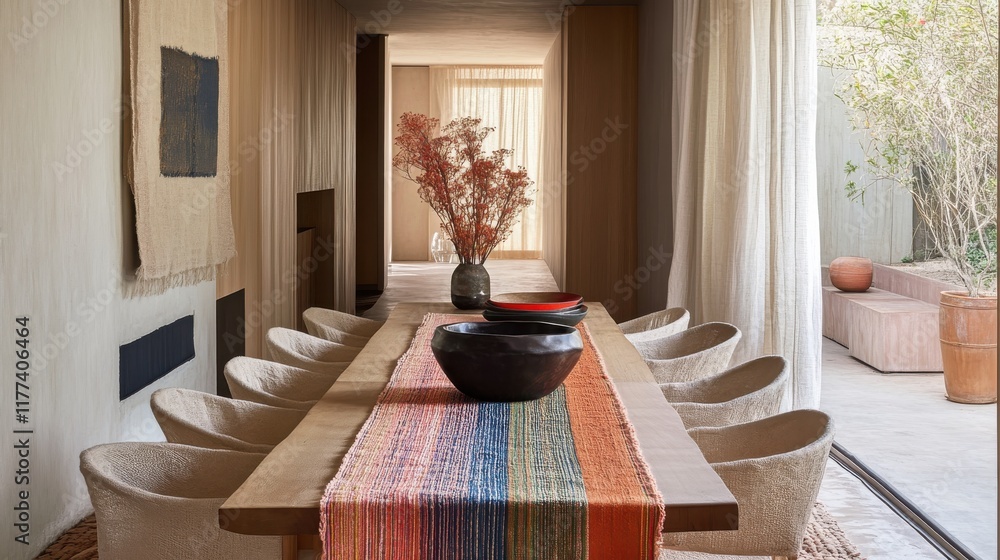 Poster dining area featuring soft fabric-covered chairs and a vibrant table setting with decorative element