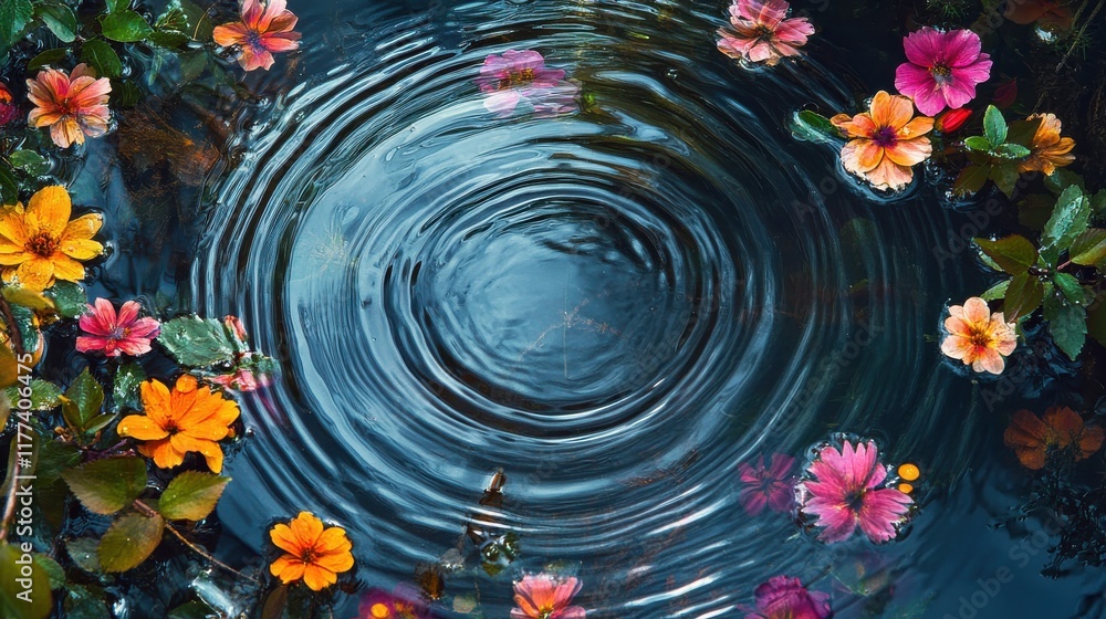Aufkleber Ripples create mesmerizing patterns in a puddle surrounded by vibrant flowers during a calm afternoon