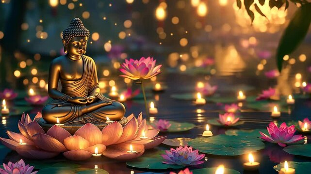 Buddha on Lotus with Garlands and Candles