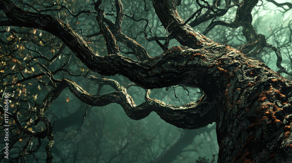 Poster twisted and eerie tree with rusted branches in mysterious forest scene