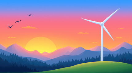 Fototapeta premium Serene landscape featuring wind turbine at sunset with mountains