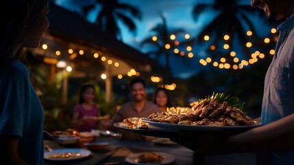 Tropical Night Dinner Party: Friends Gather Under String Lights for Delicious Food