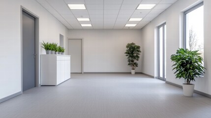 Obraz premium Empty modern office with minimalist decor and potted plants welcoming natural light