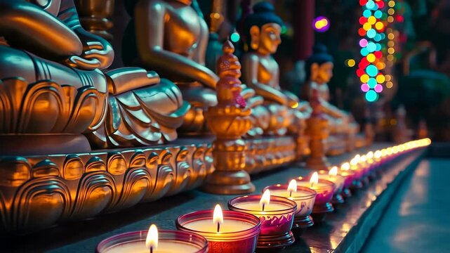 Row of Buddha Statues Illuminated by Candles