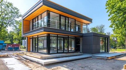 Modern two-story house features large windows and wooden accents in a serene outdoor setting