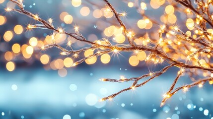 Softly blurred tree with golden holiday lights, dark twilight sky, delicate bokeh effect, dreamy and festive light play