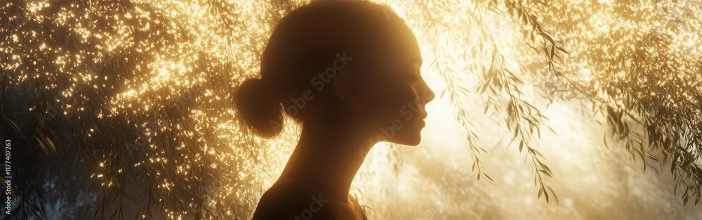 Poster conceptual visualization of a woman's silhouette illuminated by sparkling lights in a serene outdoor