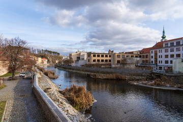 Obraz premium Trebic, Czech Republic - January 4, 2025: Cityscape of the city. View of the Jihlava River.