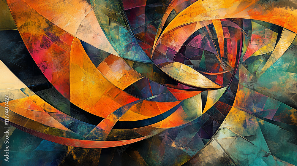 Poster colorful abstract digital artwork with sharp angles and fluid lines symbolizing the complexity of mo