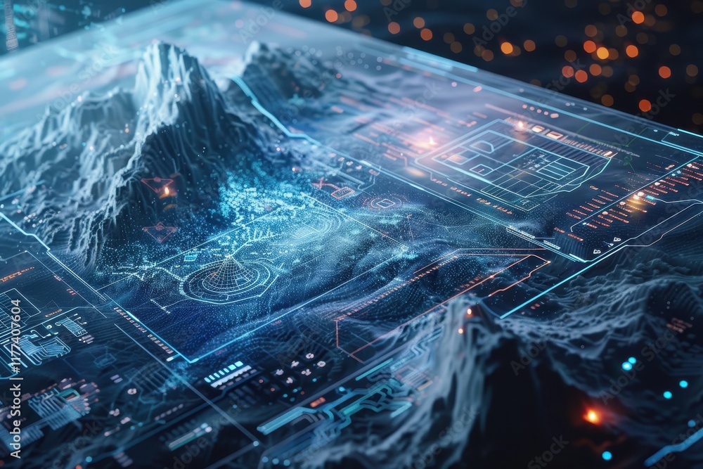 Poster digital terrain map with futuristic interface and glowing lights
