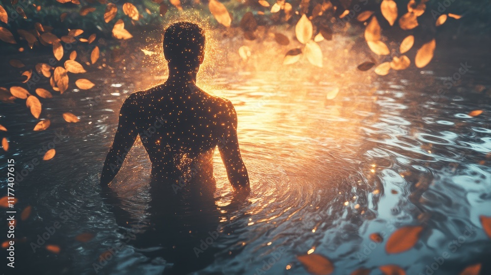 Poster glowing figure in serene water surrounded by floating leaves at twilight in a tranquil natural setti