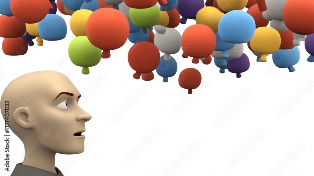 Poster 3d render of a bald man looking at colorful floating balloons