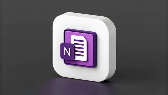 Sleek 3D OneNote Logo in White Square, Set Against a Dark Gray Background"