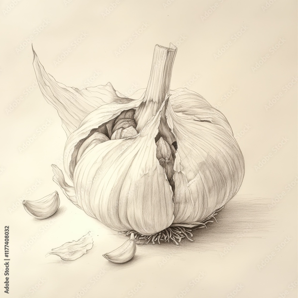 Poster garlic bulb with exposed cloves showcasing intricate textures and details