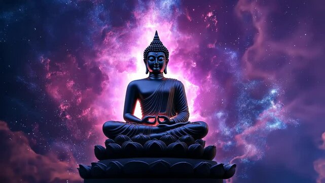 Buddha Statue with Vibrant Purple Sky