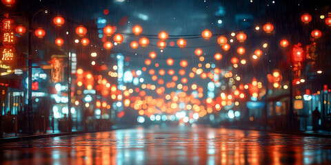 Lantern Street Lights: Festive Glow on a Rainy Night in Chinatown