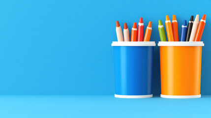 Fototapeta premium Bright colored pencils in blue and orange containers against blue background